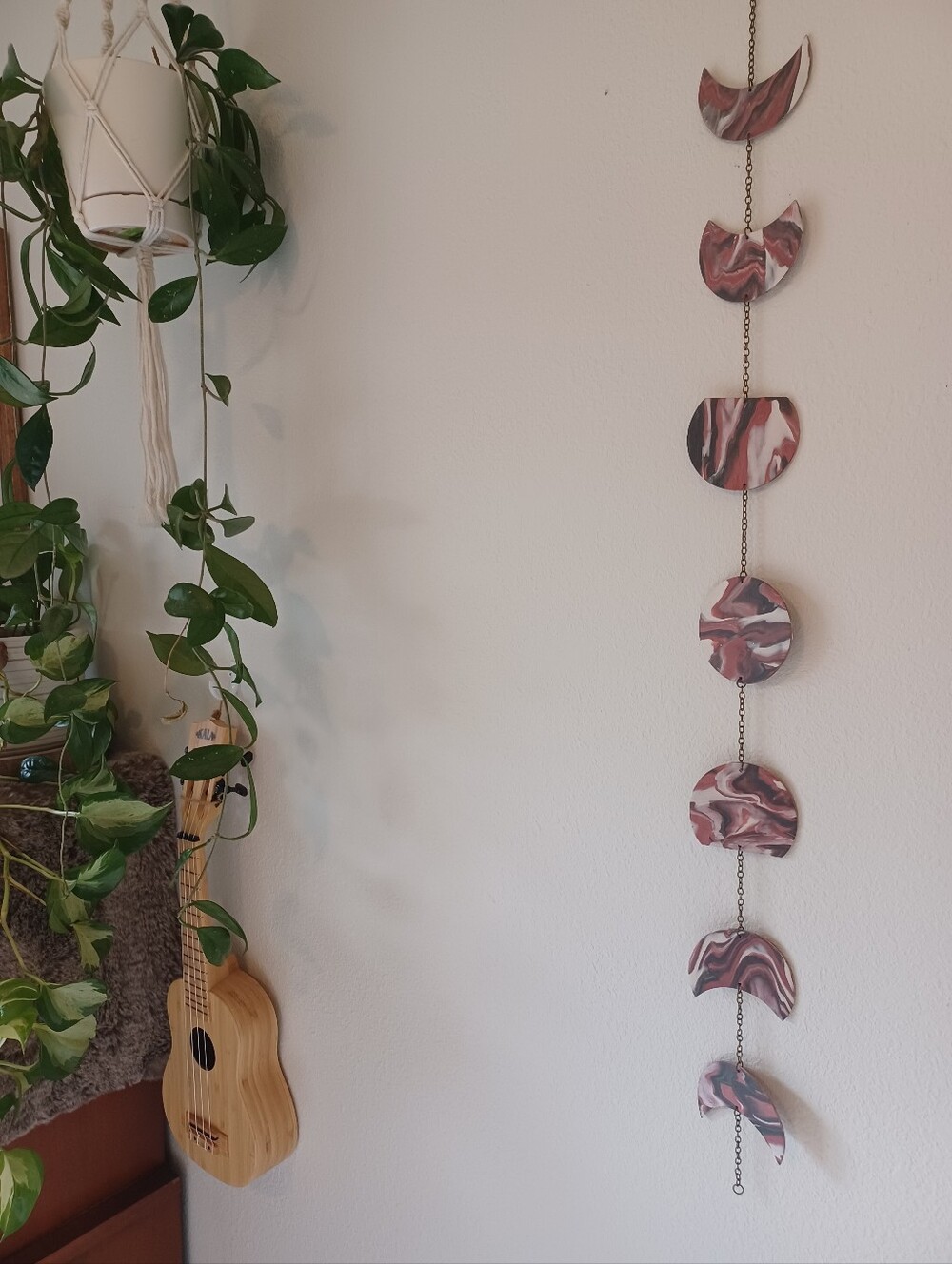 Handmade Marbled Moon Phase Wall Hanging- Black, Muted Burgundy, And White